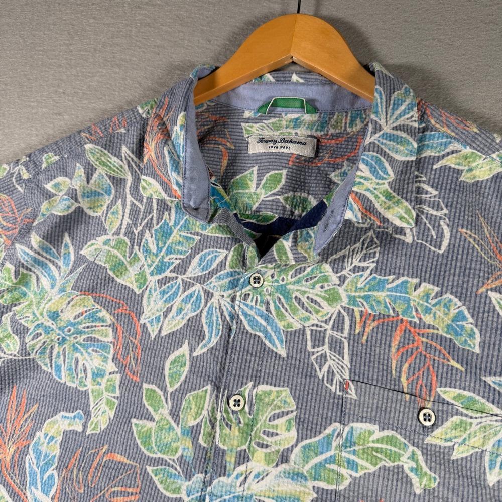 Tommy Bahama Nova Wave Mens XXL Blue Tropical Floral Seersucker Button Up Shirt - Picture 4 of 12